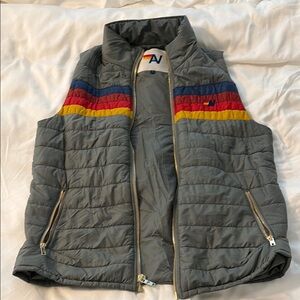 Aviator Nation Gray Quilted Puffer Vest with Rainbow Stripes flawless